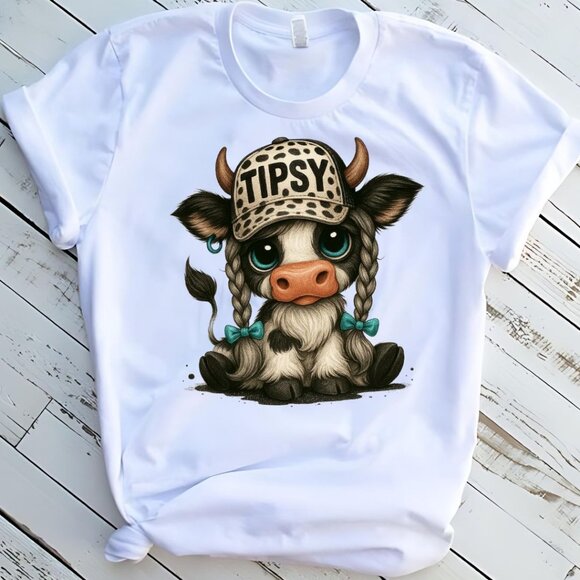 Highland Cow Tipsy Western Tee Graphic Short Sleeve T-Shirt - Picture 1 of 2